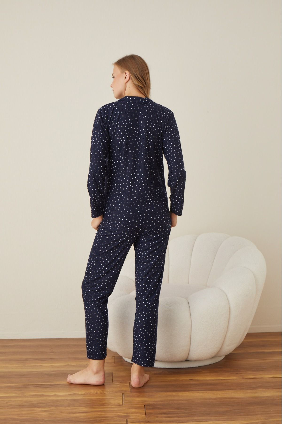 Boyraz Yildiz Desenli Düğmeli Pijama Takimi - Laci