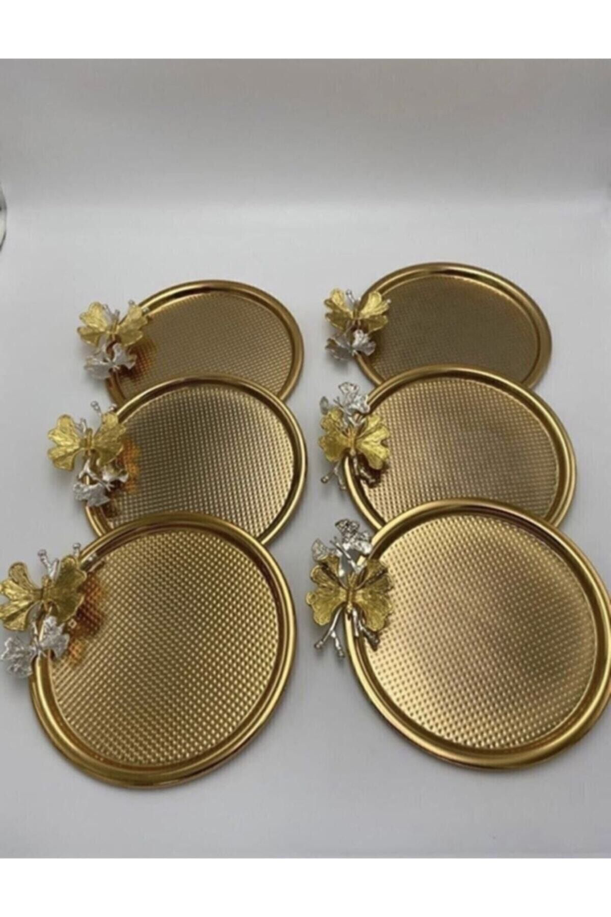 Mineli-Aşk Yuvarlak 6 Li Gold Çay Kahve Servis İkram Ve Sunum Tepsisi 23 Cm 