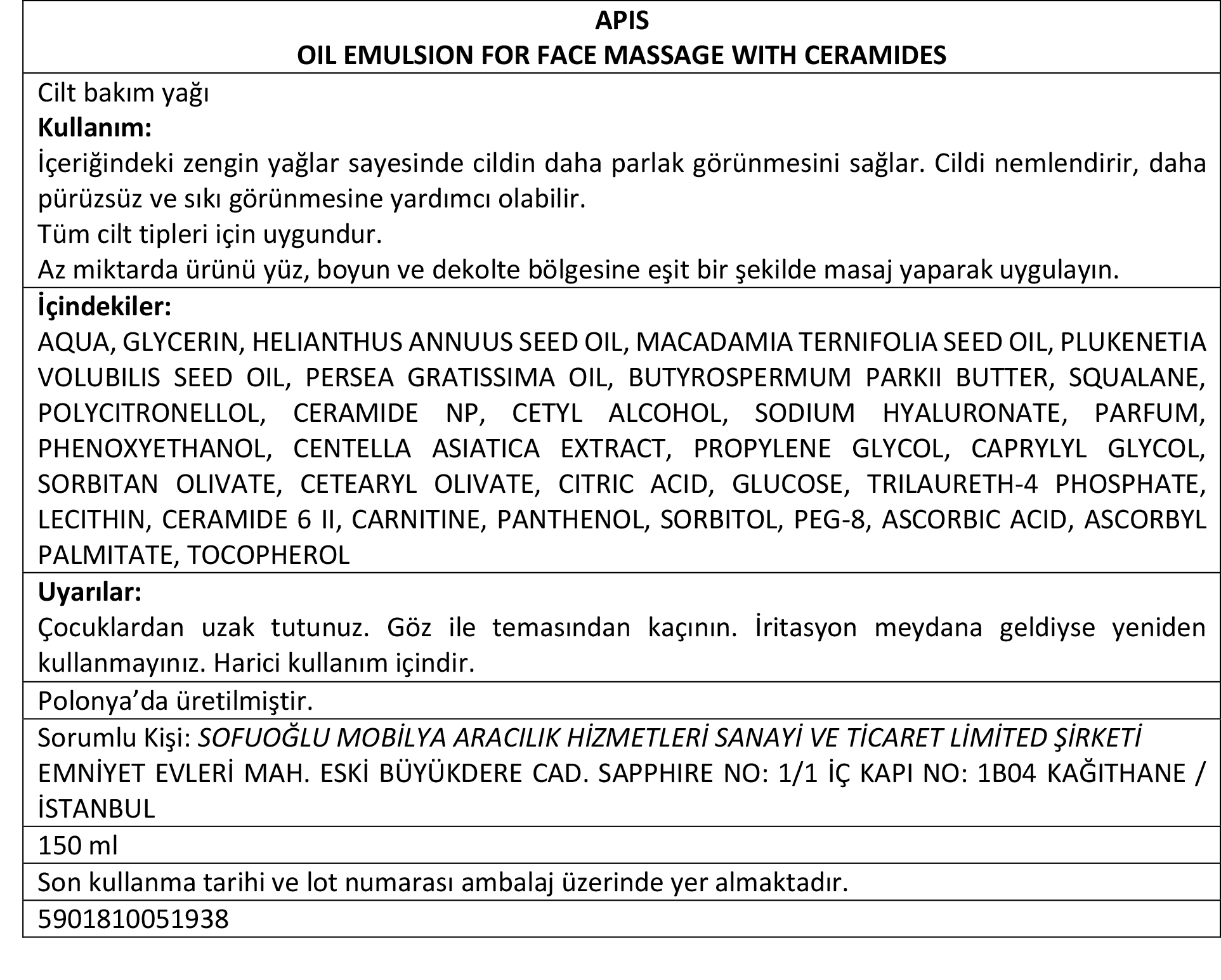 Apis Natural Cosmetics Yüz Masaj Yaği - Ceramide Repair - 150 Ml