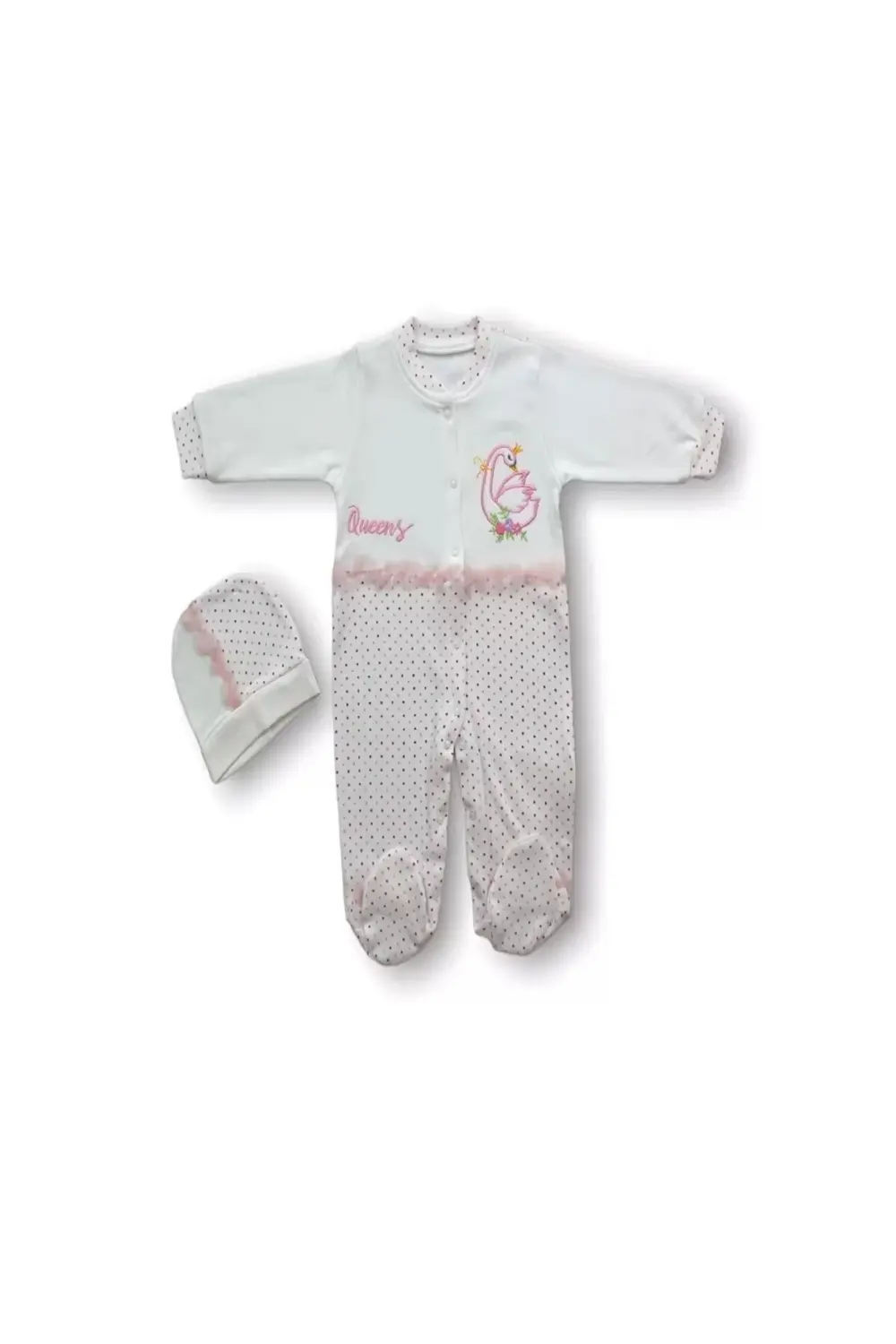 0-3 3-6 6-9 Ay Kraliçe Kuğu Nakışlı Şapkalı Kız Bebek Tulumu Ekru