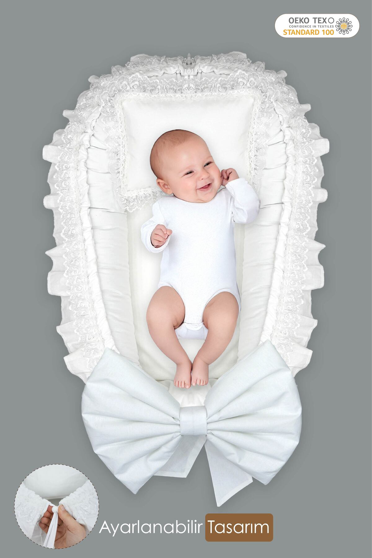 Mordesign 0-3 Ay Bebek Yataği, %100 Pamuk Babynest,Dantel Detayli Mevlüt Ye