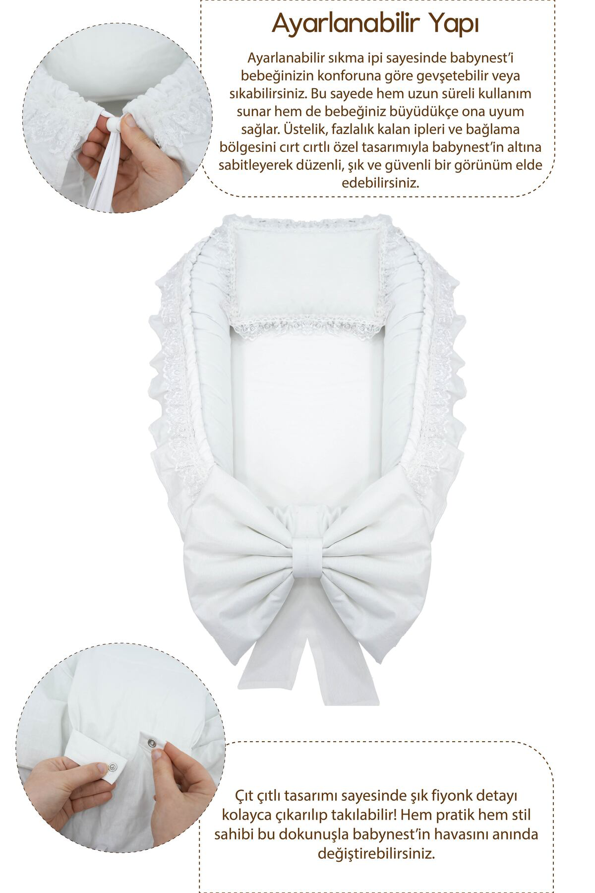 Mordesign 0-3 Ay Bebek Yataği, %100 Pamuk Babynest,Dantel Detayli Mevlüt Ye