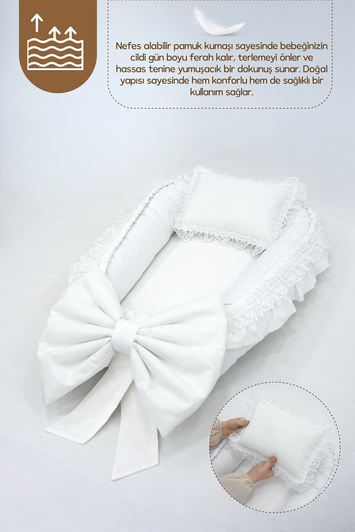 Mordesign 0-3 Ay Bebek Yataği, %100 Pamuk Babynest,Dantel Detayli Mevlüt Ye