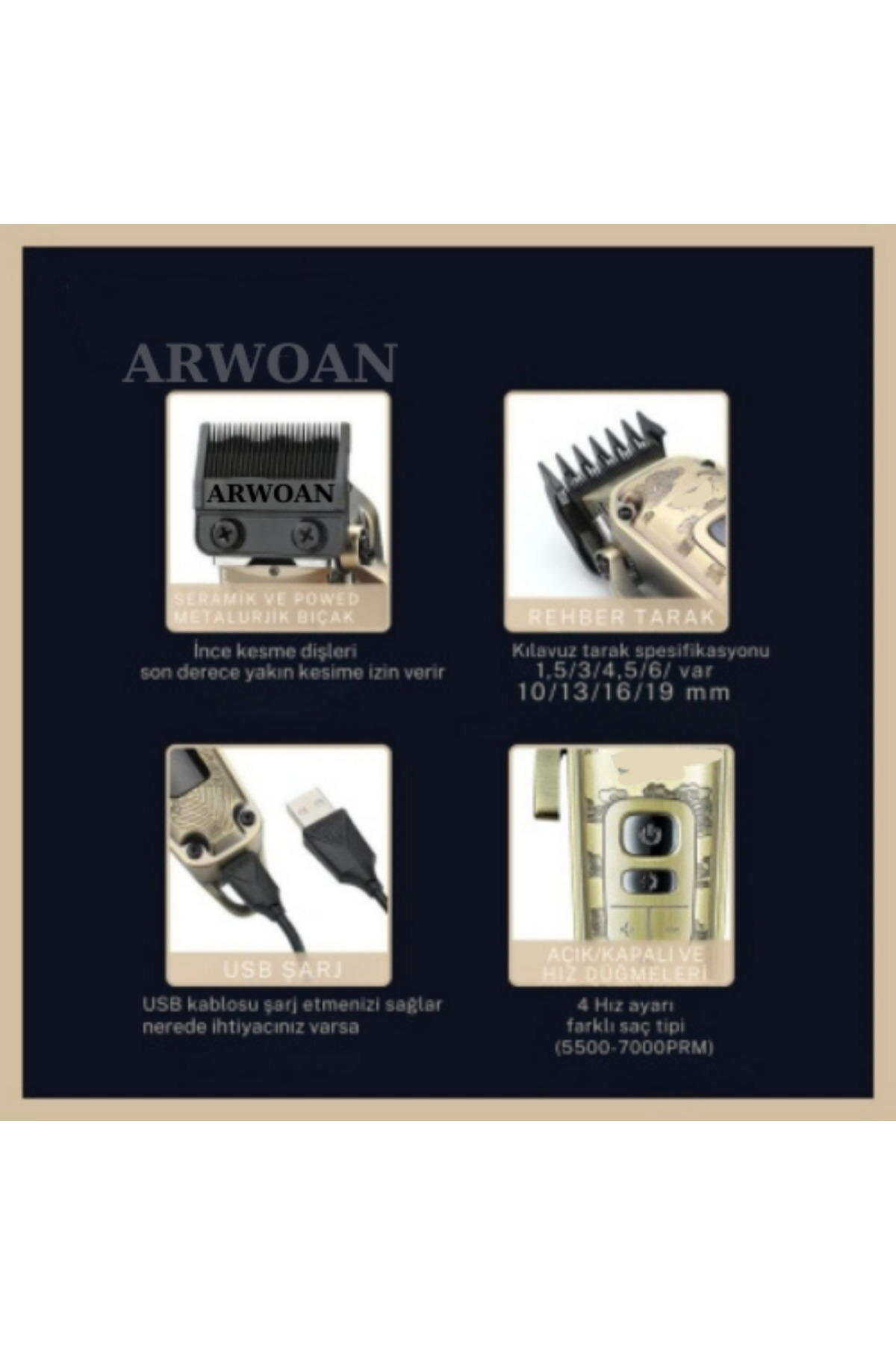 Arwoan 0143 Profesyonel Saç Kesme Ve Tıraş Makinesi - Renkli Taraklı Tam