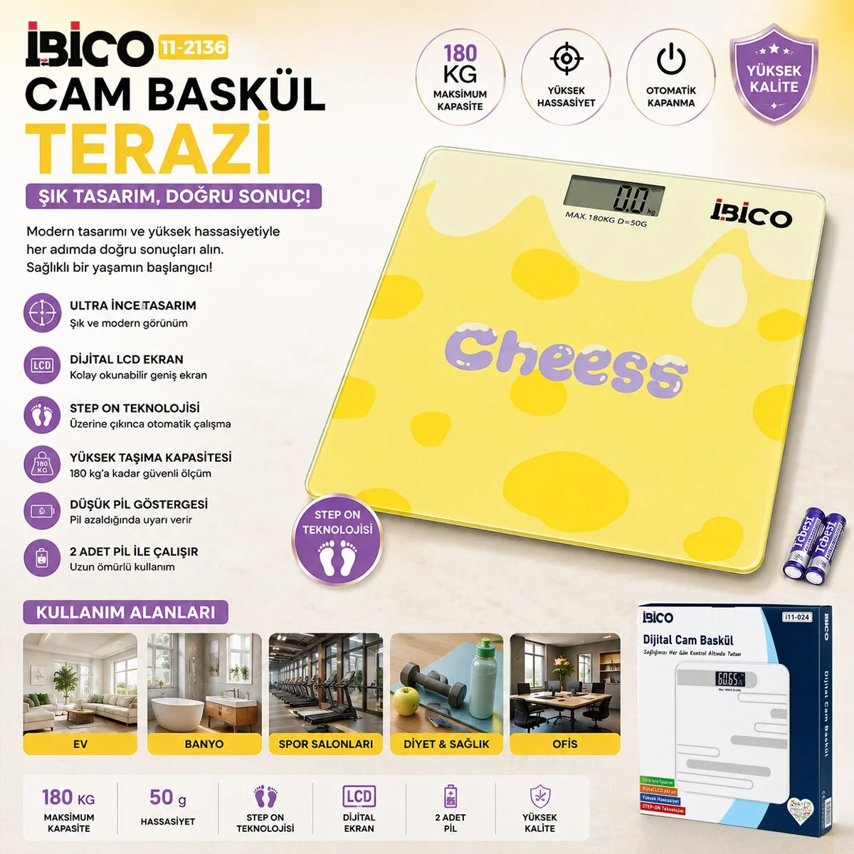 0221a Dijital - Pilli Desenli Renkli Cam Banyo Baskül Terazi Tartı Lcd Ekran 180kg/50gr 26x26cm İ11-030 Bx40 Fiyatı, Yorumları ve Özellikleri