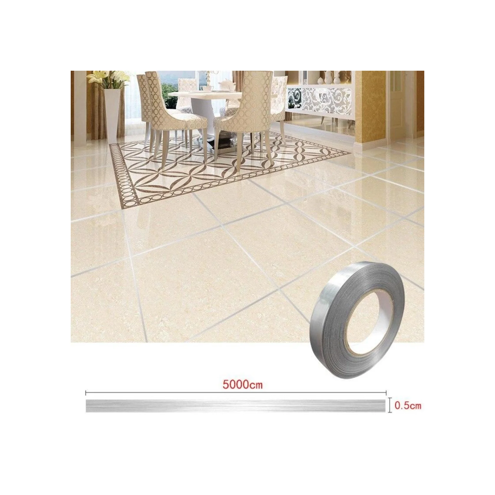 0.5 Cm Kalınlık Gümüş Fayans Arası Şerit Bandı 50 Metre Banyo Derz Dekor Bandı