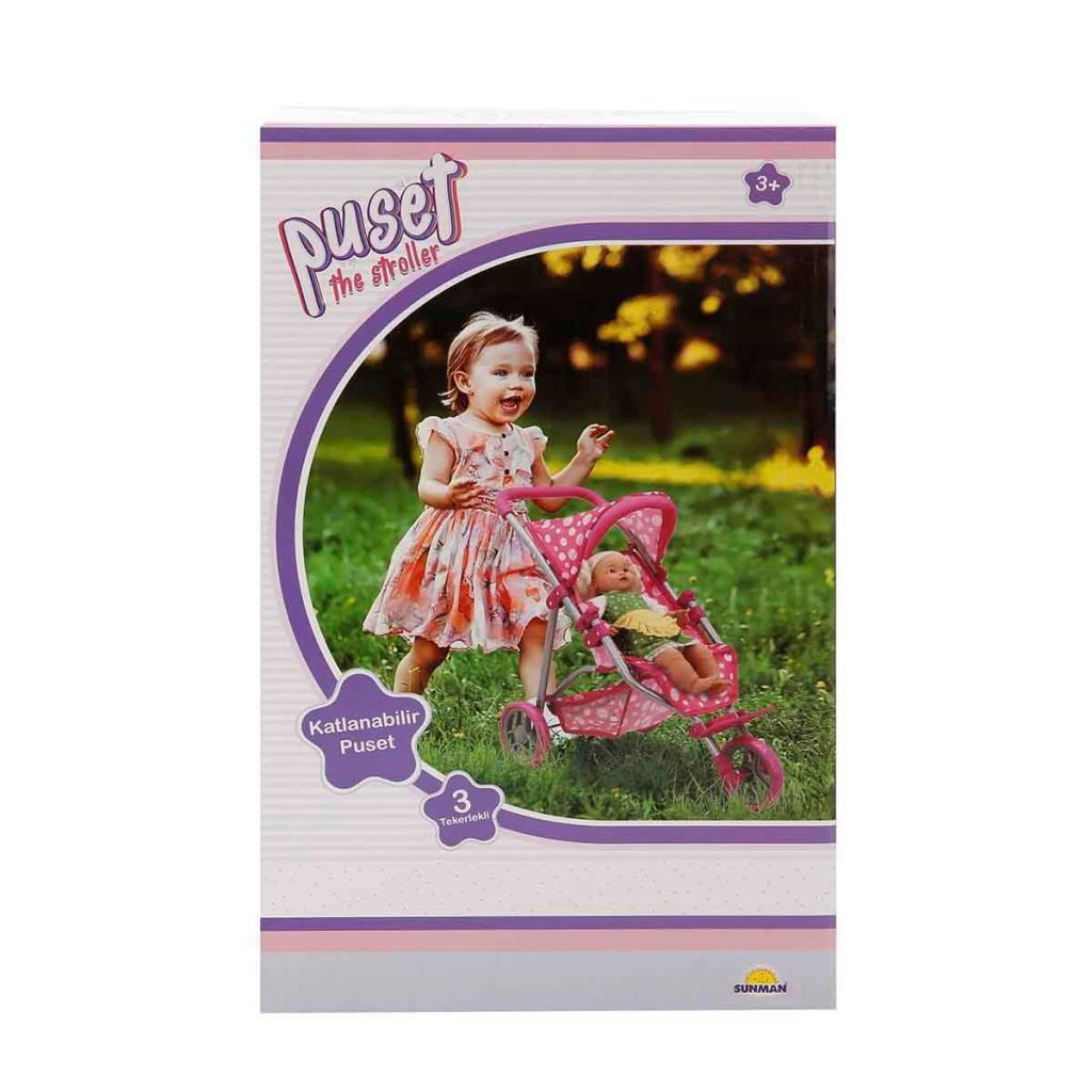 0663 Puantiye Desenli, 3 Tekerlekli ve Tenteli Oyuncak Puset - 