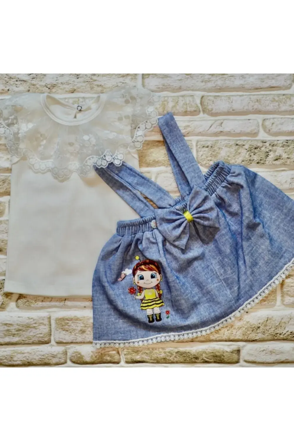 1-2-3 Yaş Arı Nakışlı Kot Desenli Etek Pamuklu Kumaş 2li Kız Bebe