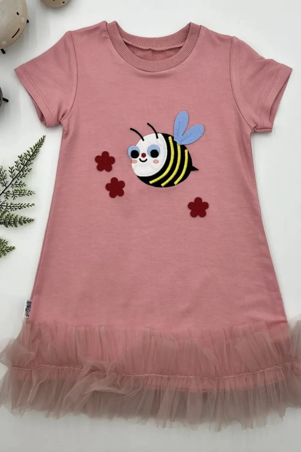 1-2-3 Yaş Arıcık Nakışlı Eteği Fırfırlı Jile Kız Çocuk Elbisesi