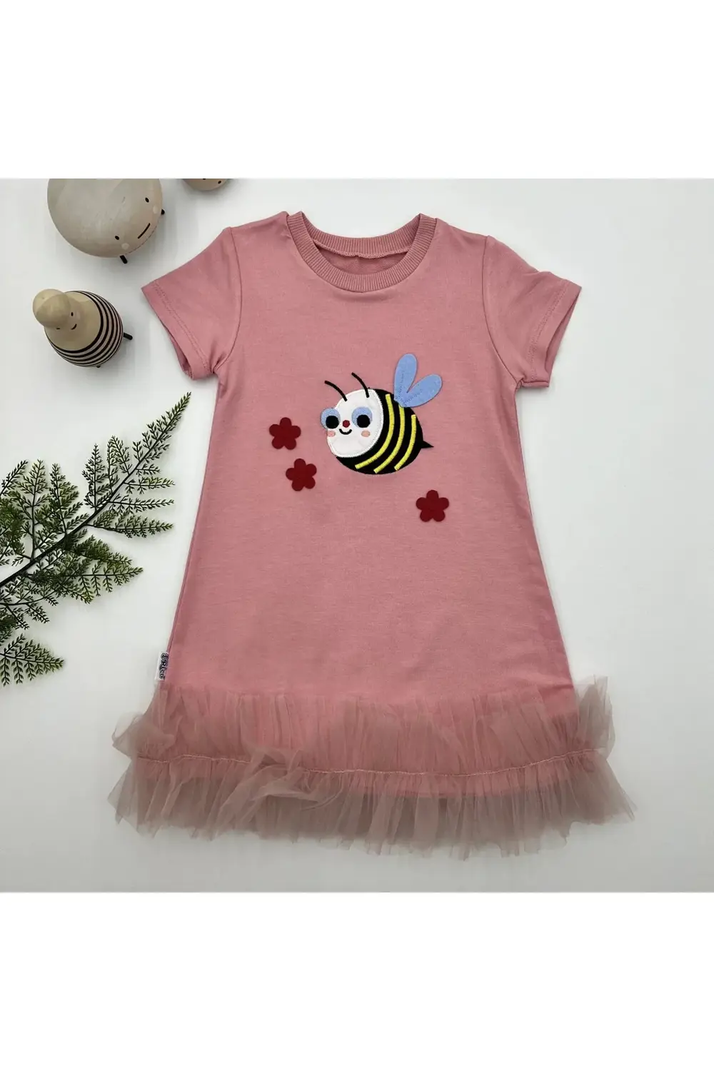 1-2-3 Yaş Arıcık Nakışlı Eteği Fırfırlı Jile Kız Çocuk Elbisesi G