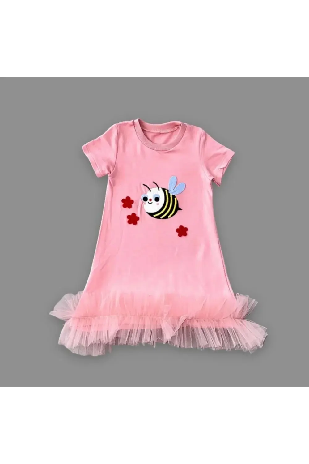 1-2-3 Yaş Arıcık Nakışlı Eteği Fırfırlı Jile Kız Çocuk Elbisesi G