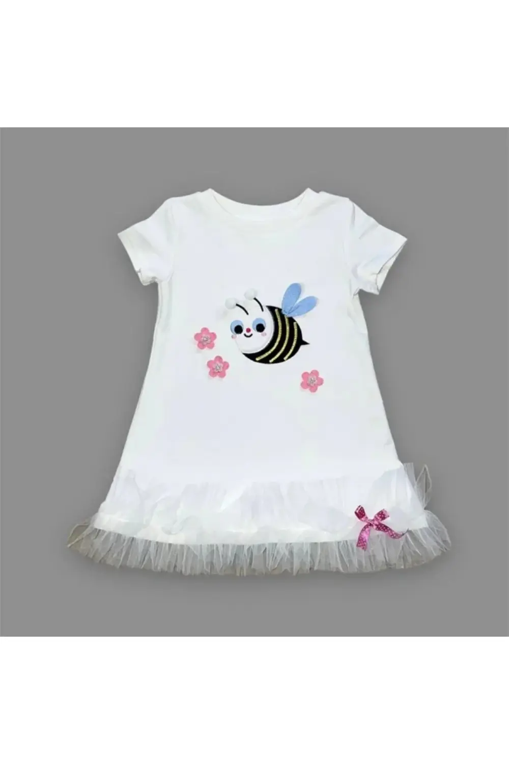 1-2-3 Yaş Arıcık Nakışlı Eteği Fırfırlı Jile Kız Çocuk Elbisesi B