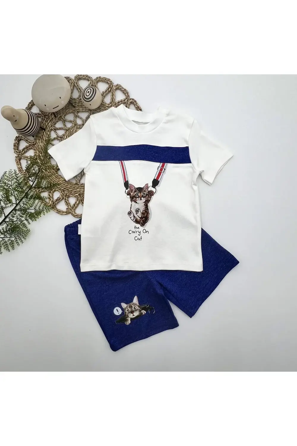 1-2-3 Yaş Fermuarlı Kedi Baskılı Şortlu Kısa Kollu Tişört 2li Erk