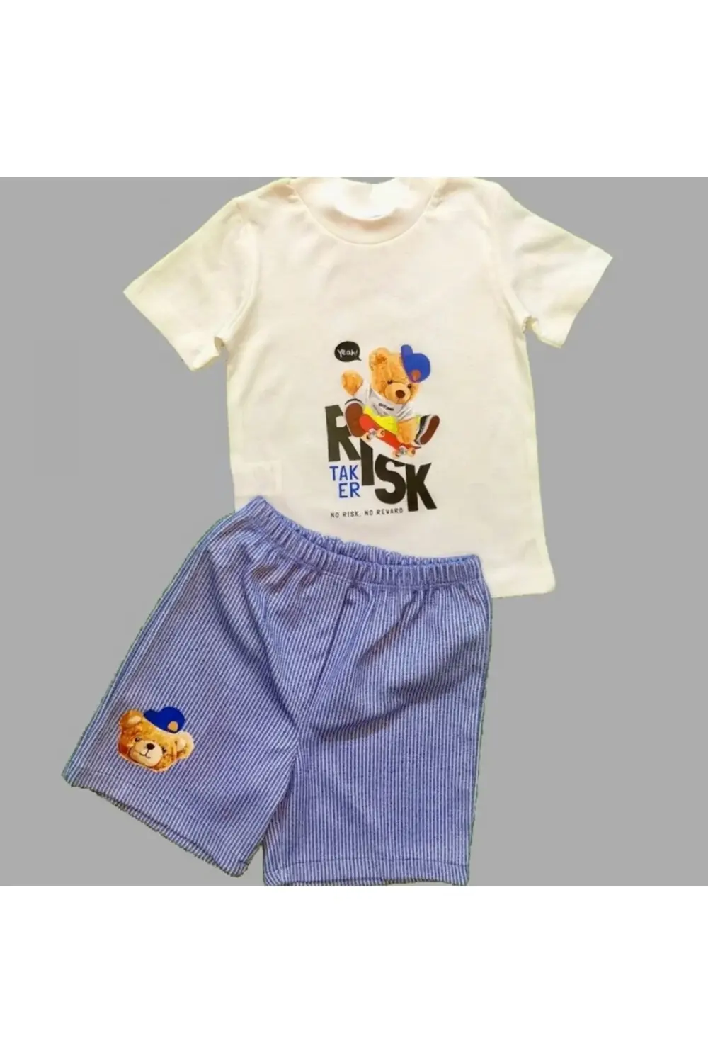 1-2-3 Yaş Kaykaycı Ayı Baskılı Şortlu Kısa Kollu Tişört 2li Erkek