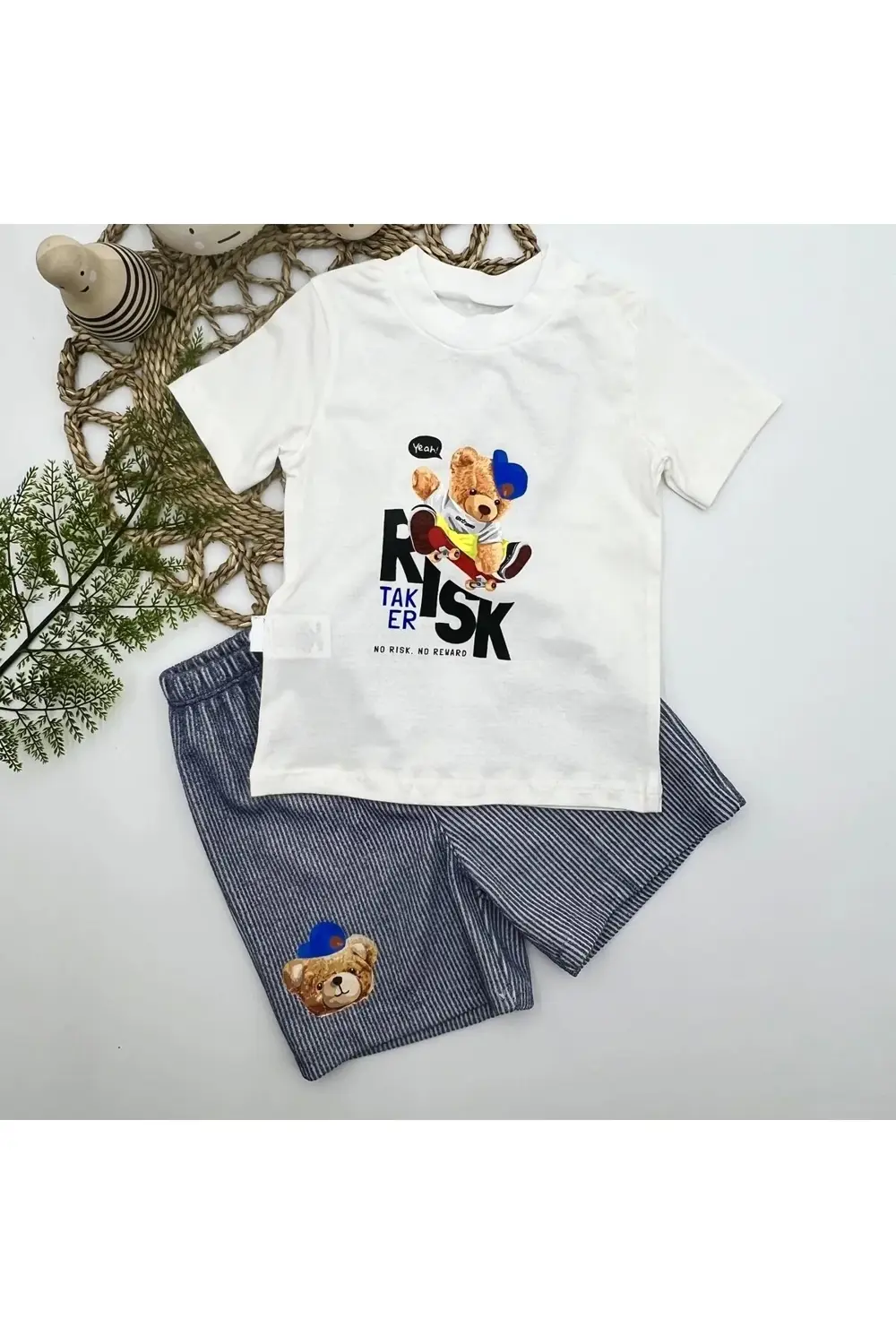 1-2-3 Yaş Kaykaycı Ayı Baskılı Şortlu Kısa Kollu Tişört 2li Erkek