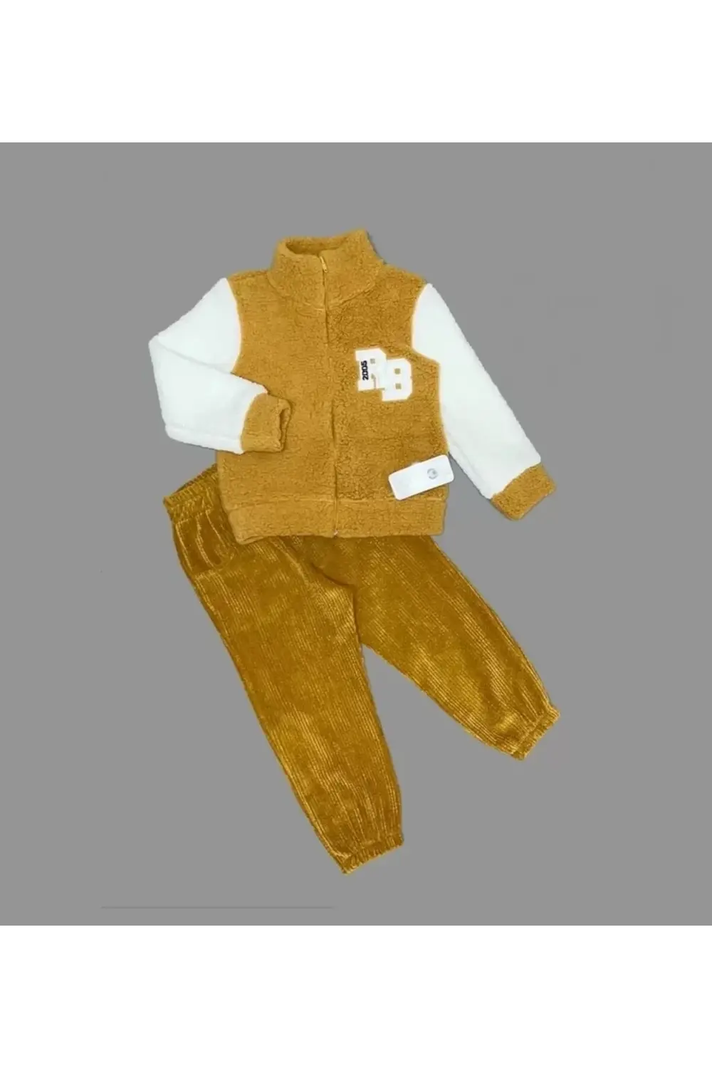 1-2-3 Yaş Kuzu Kumaş Fermuarlı Sweat Kadife Pantolonlu Uzun Kollu