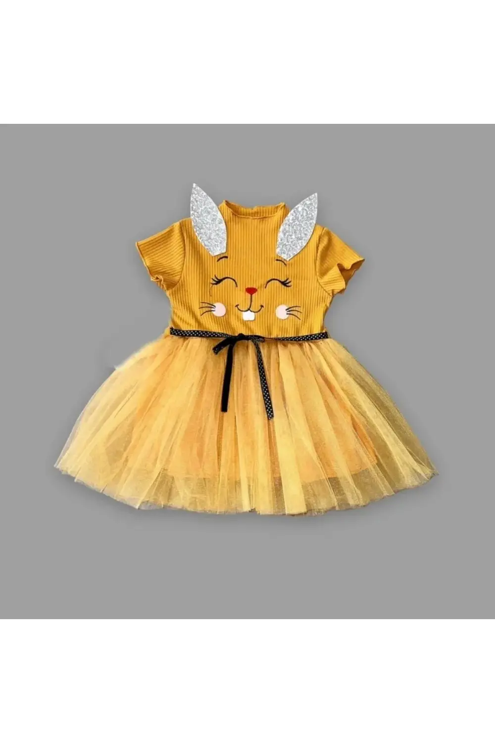 1-2-3 Yaş Payetli Kulak Tavşan Baskılı Kız Bebek Elbisesi Hardal