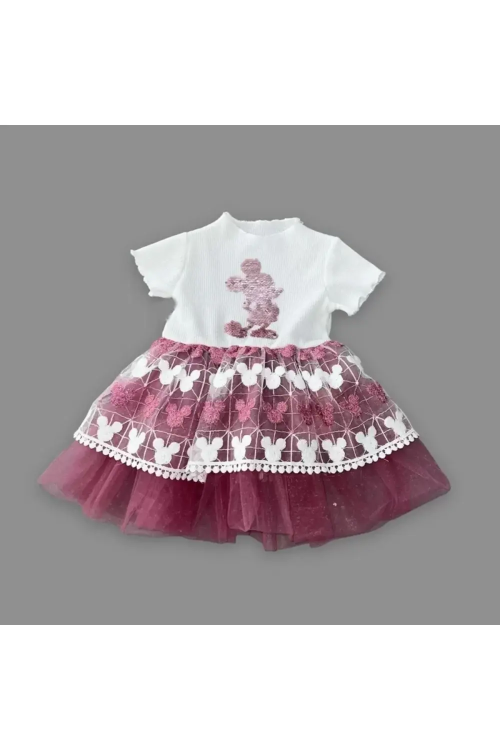 1-2-3 Yaş Payetli Mickey Baskılı Brode Etekli Kız Bebek Elbisesi