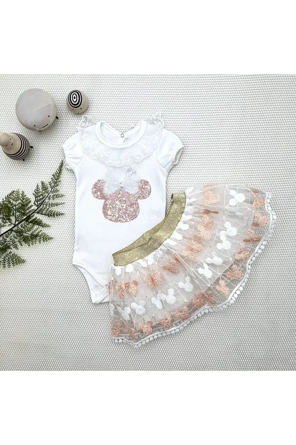 1-2-3 Yaş Payetli Mickey Nakışlı  Kısa Kollu Brode Etekli 2li Kız