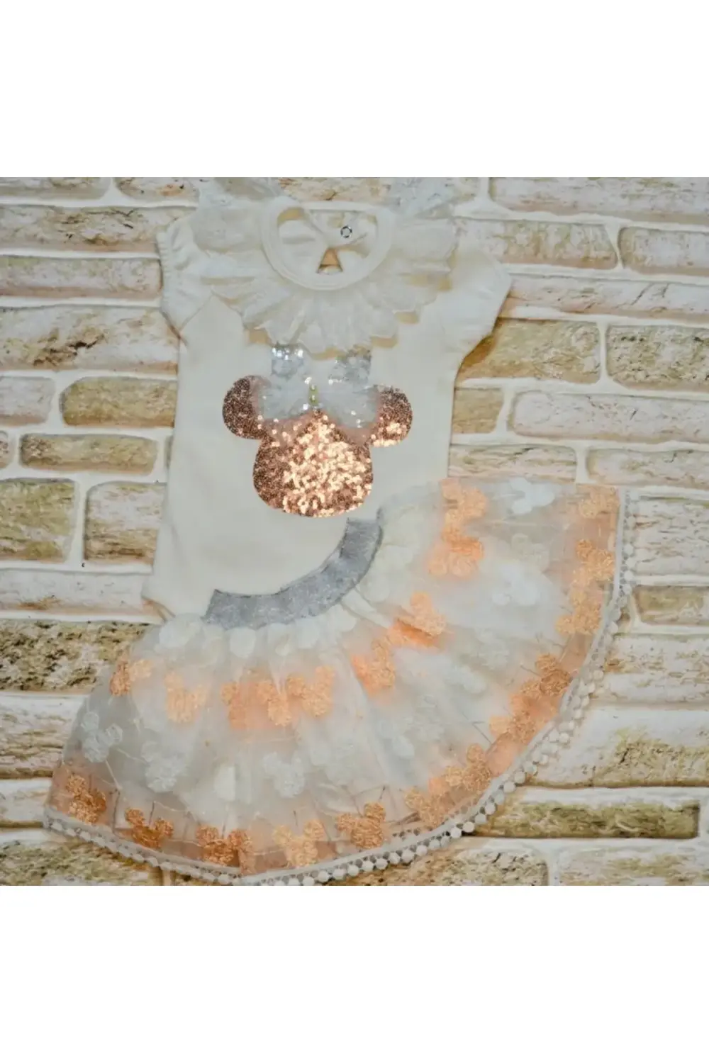 1-2-3 Yaş Payetli Mickey Nakışlı  Kısa Kollu Brode Etekli 2li Kız