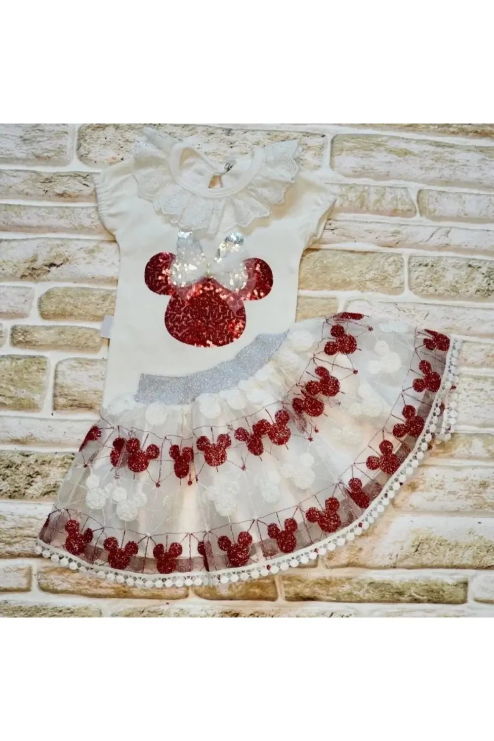 1-2-3 Yaş Payetli Mickey Nakışlı Kısa Kollu Brode Etekli 2li Kız