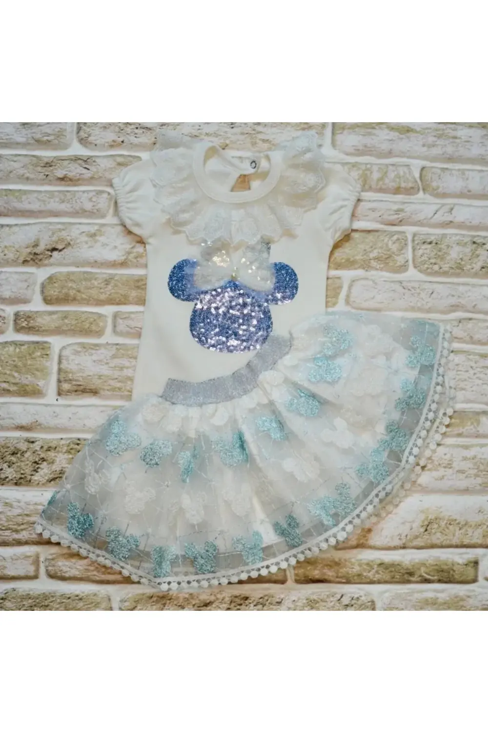 1-2-3 Yaş Payetli Mickey Nakışlı Kısa Kollu Brode Etekli 2li Kız
