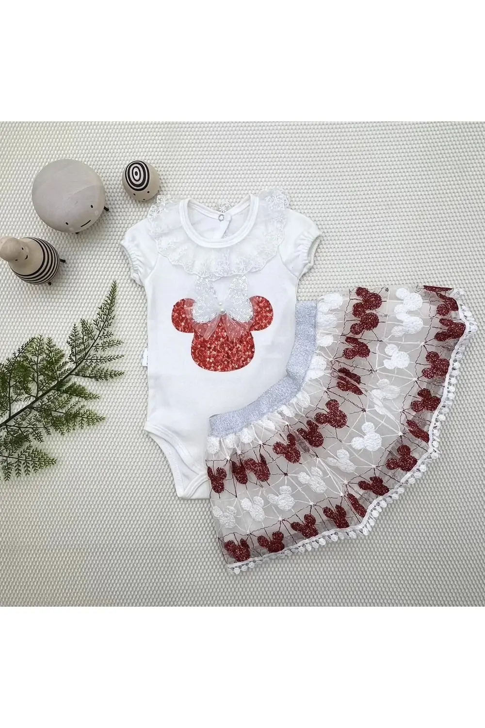 1-2-3 Yaş Payetli Mickey Nakışlı Kısa Kollu Brode Etekli 2li Kız