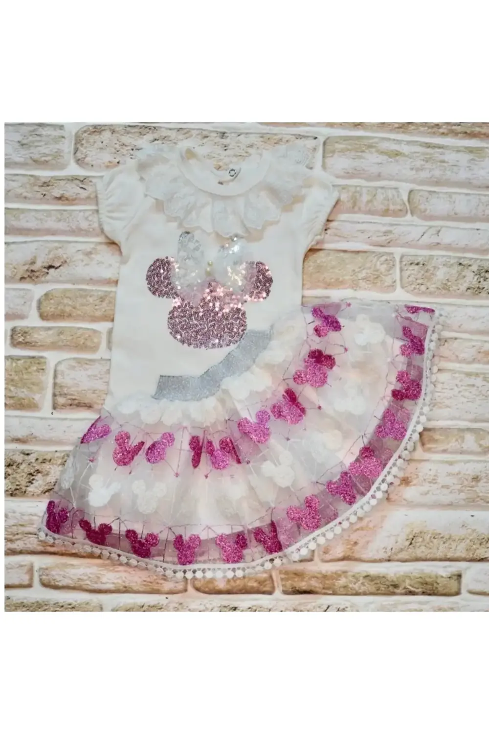 1-2-3 Yaş Payetli Mickey Nakışlı  Kısa Kollu Brode Etekli 2li Kız