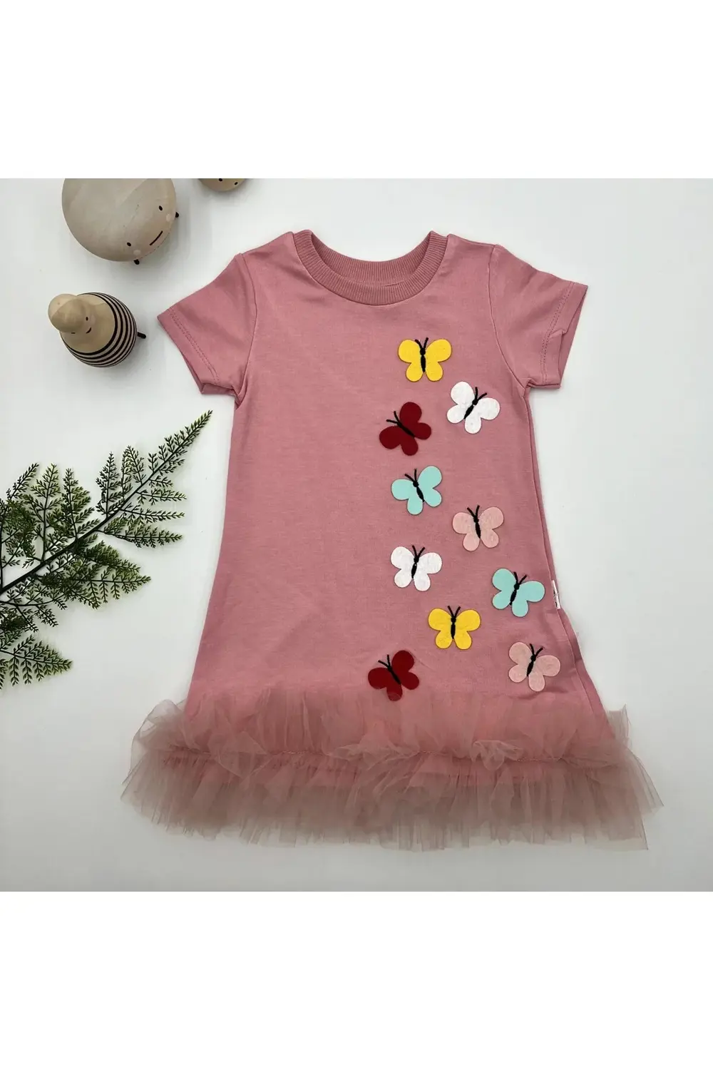 1-2-3 Yaş Renkli Kelebekler Nakışlı Eteği Fırfırlı Jile Çocuk Elb