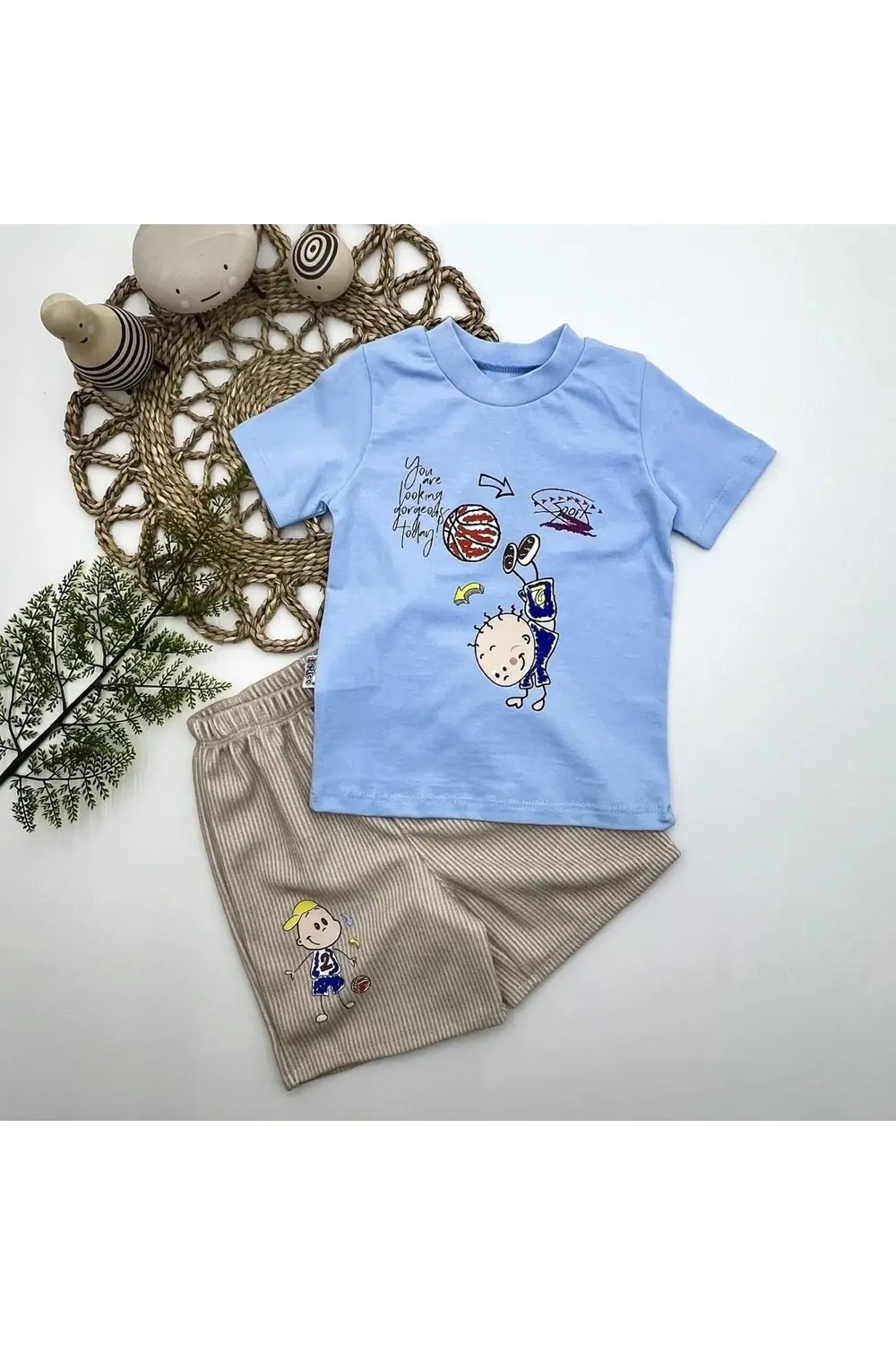 1-2-3 Yaş Topçu Erkek Çocuk Baskılı Şortlu Kısa Kollu Tişört 2li