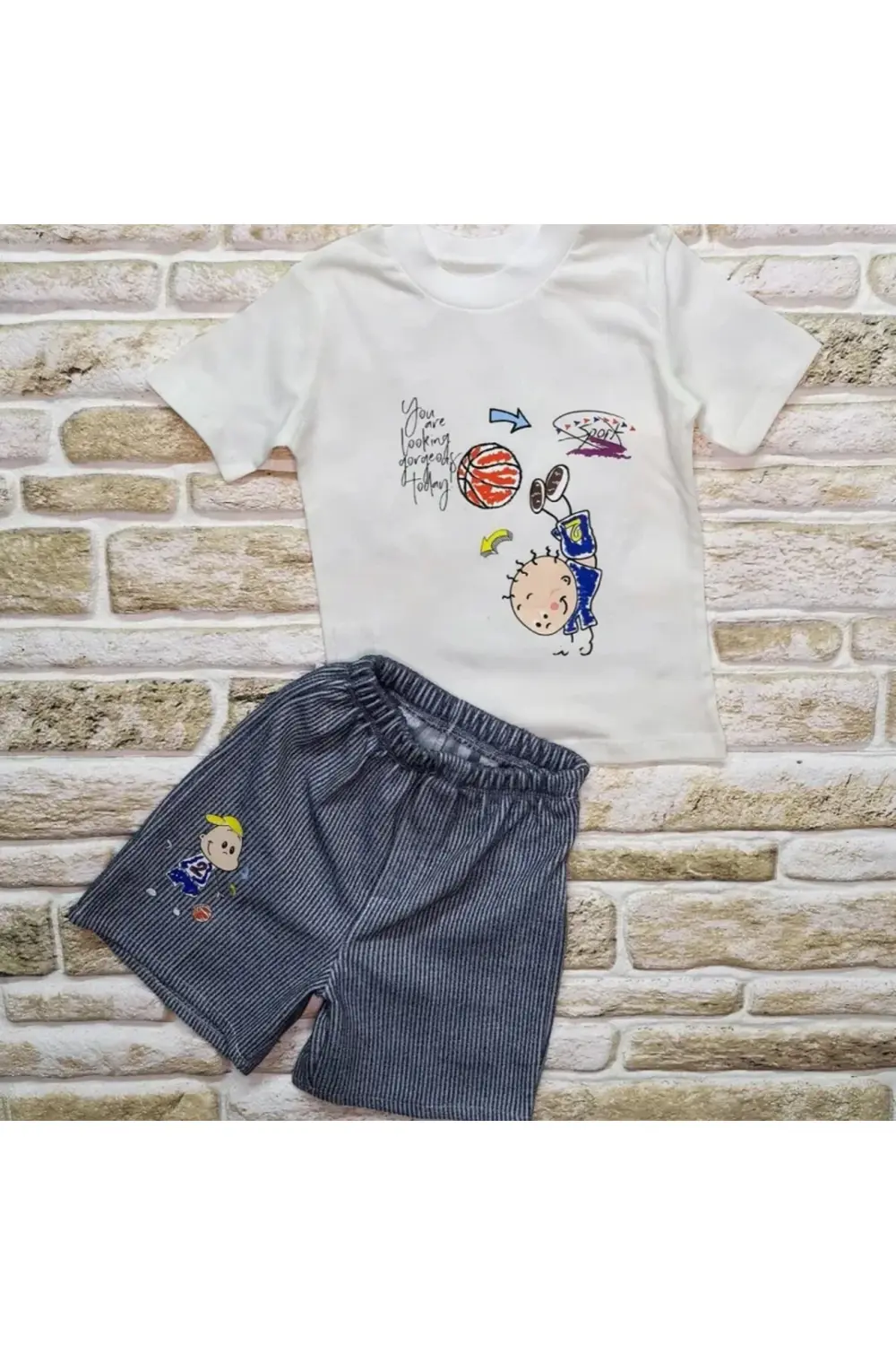 1-2-3 Yaş Topçu Erkek Çocuk Baskılı Şortlu Kısa Kollu Tişört 2li