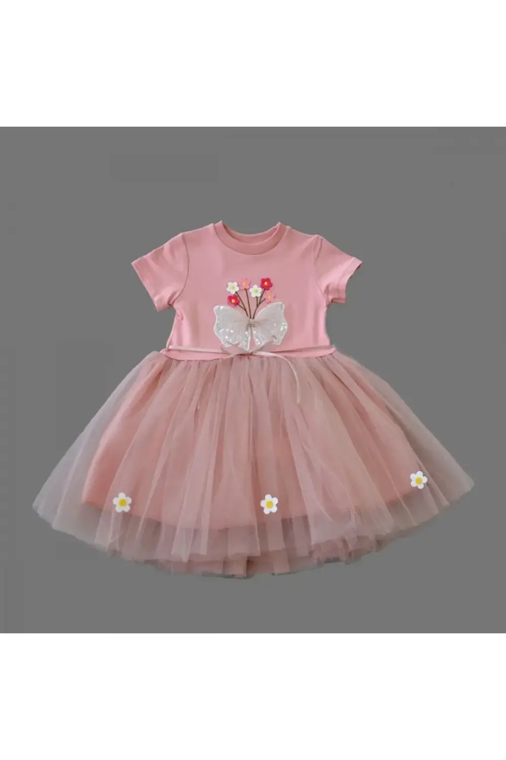 1-2-3 Yaş Tül Fiyonk Çiçekler Nakışlı Astarlı Kız Bebek Tütü Elbi