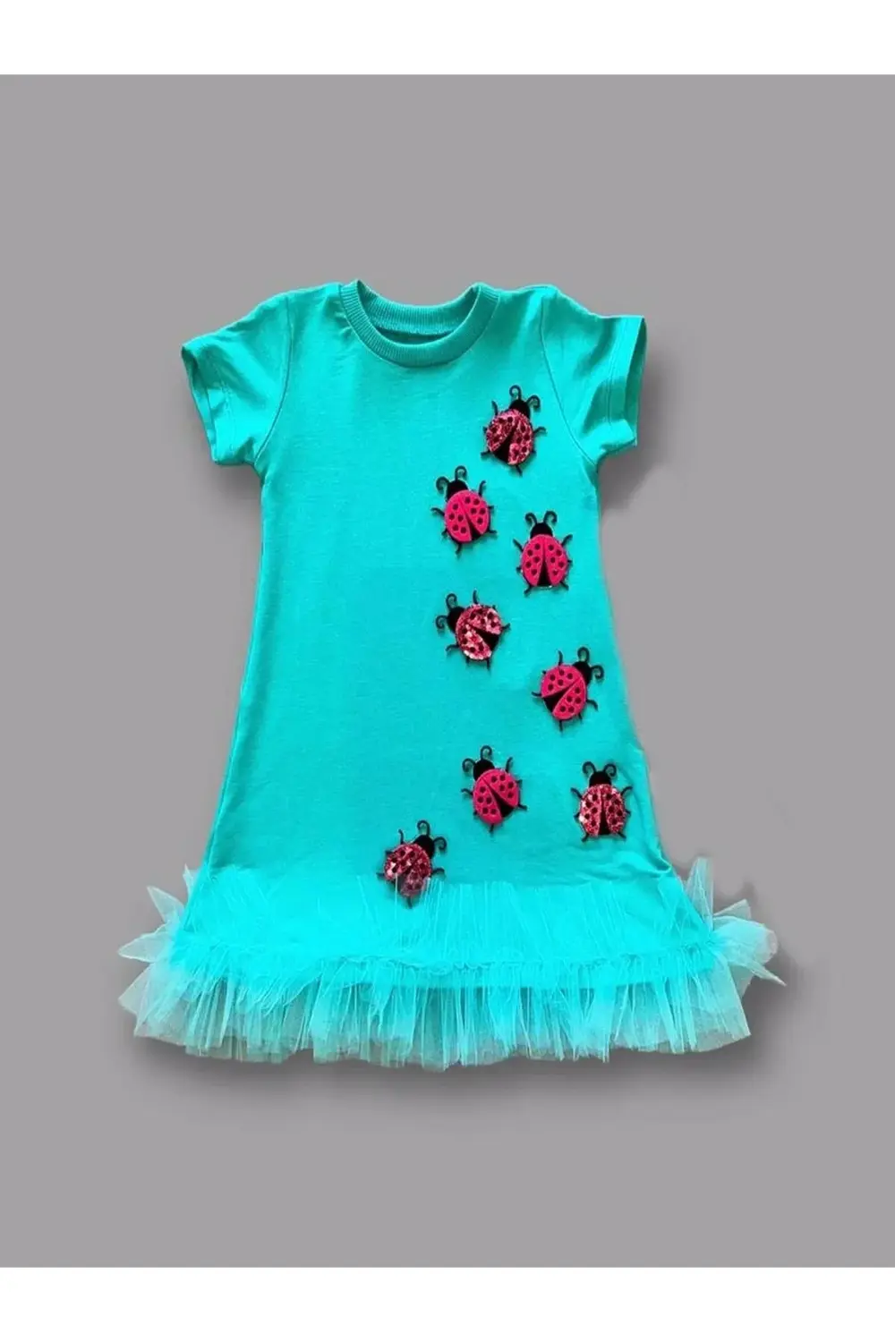 1-2-3 Yaş Uğur Böceği Nakışlı Fırfır Uçlu Kız Çocuk Jile Elbisesi