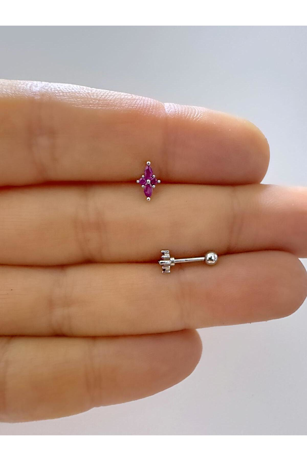 1 adet bordo zirkon taşlı tragus helix lobe uyumlu piercing