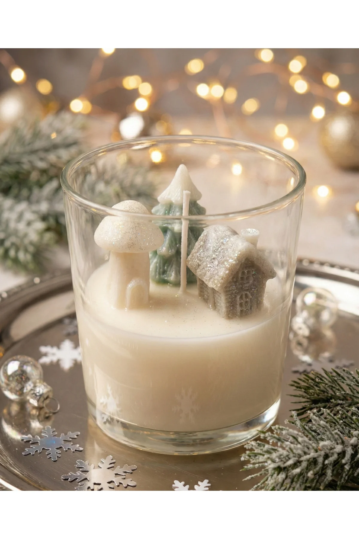 1 Adet Çam Ağacı ve Ev Şekilli Bardak Soya Mum