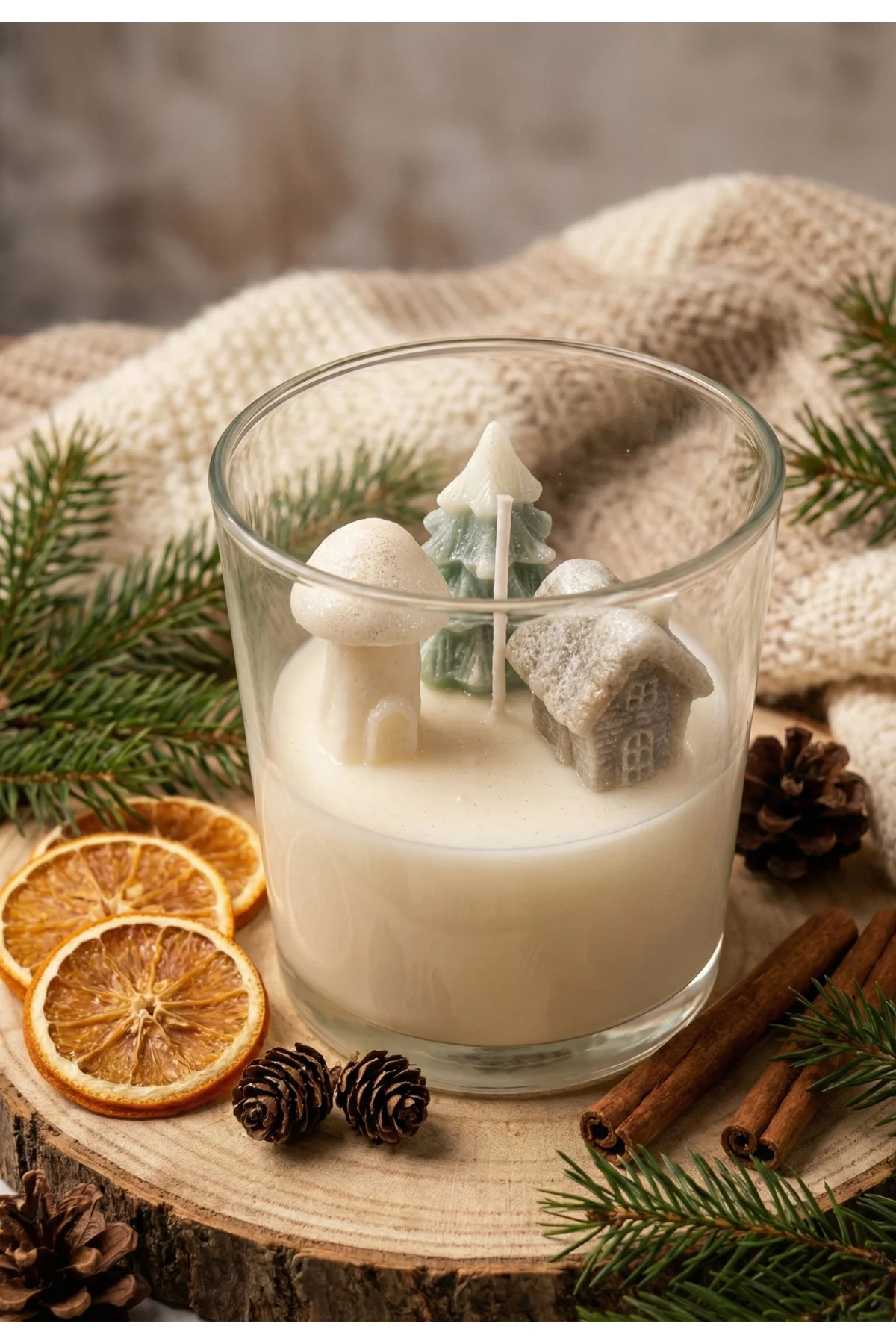 1 Adet Çam Ağacı ve Ev Şekilli Bardak Soya Mum