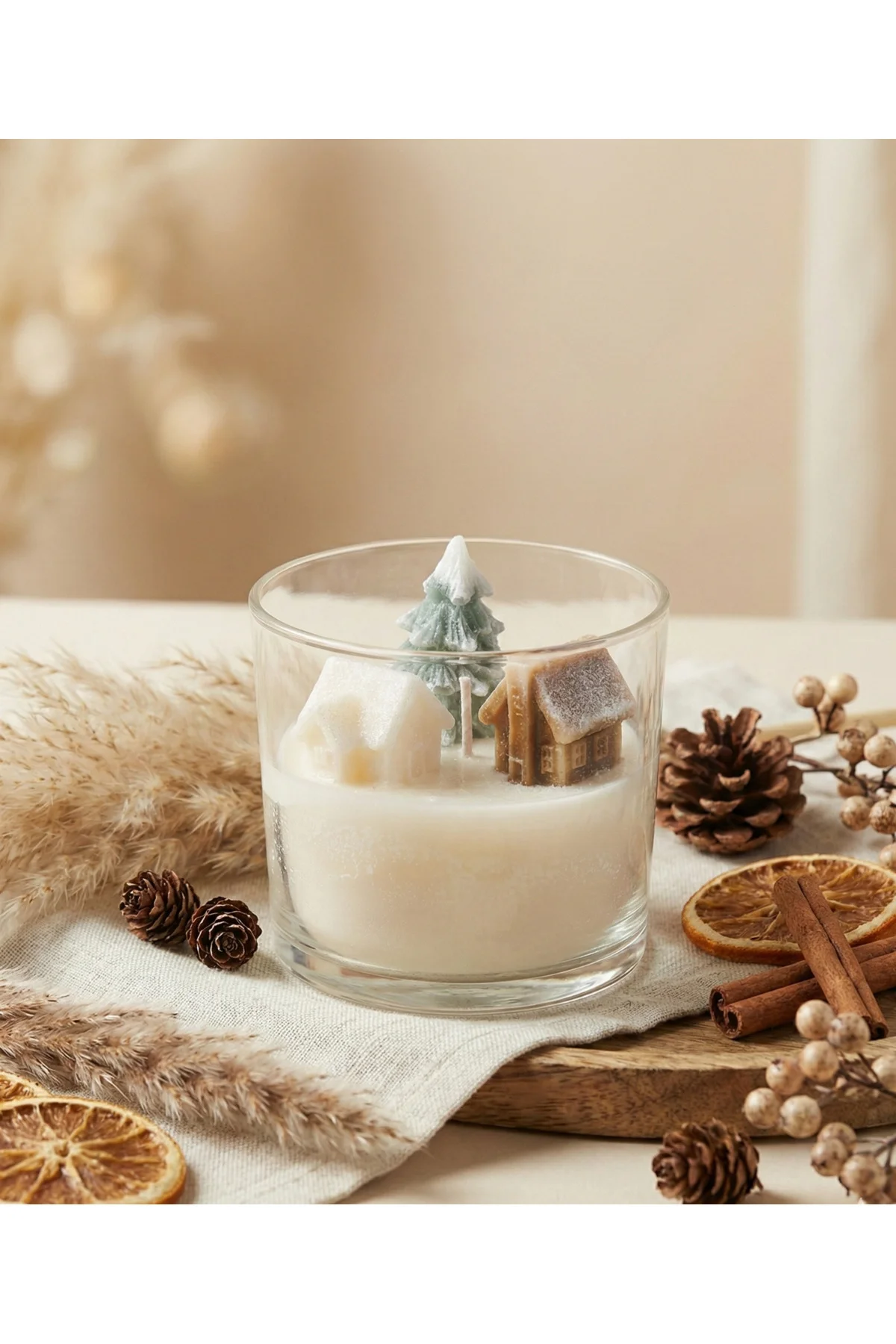 1 Adet Çam Ağacı ve Ev Şekilli Bardak Soya Mum