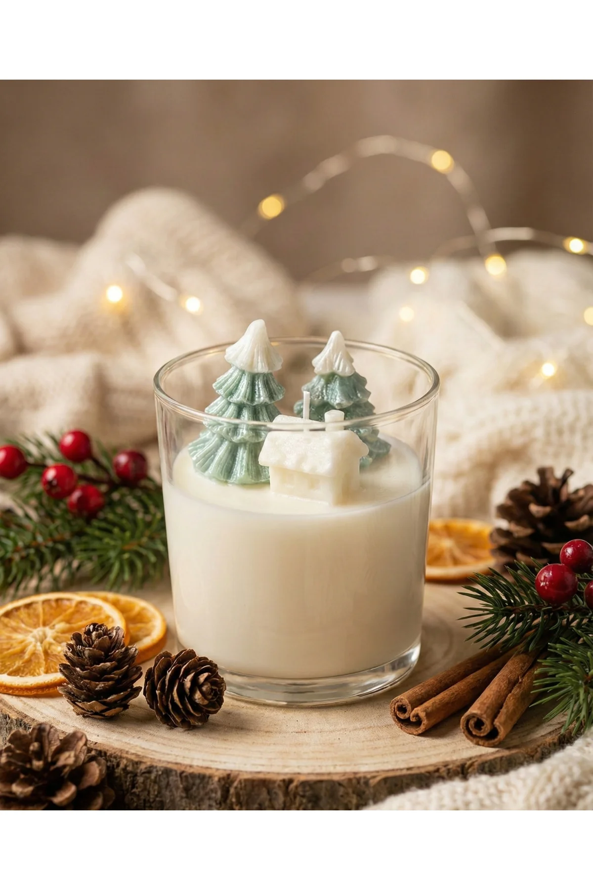 1 Adet Çam Ağacı ve Ev Şekilli Bardak Soya Mum