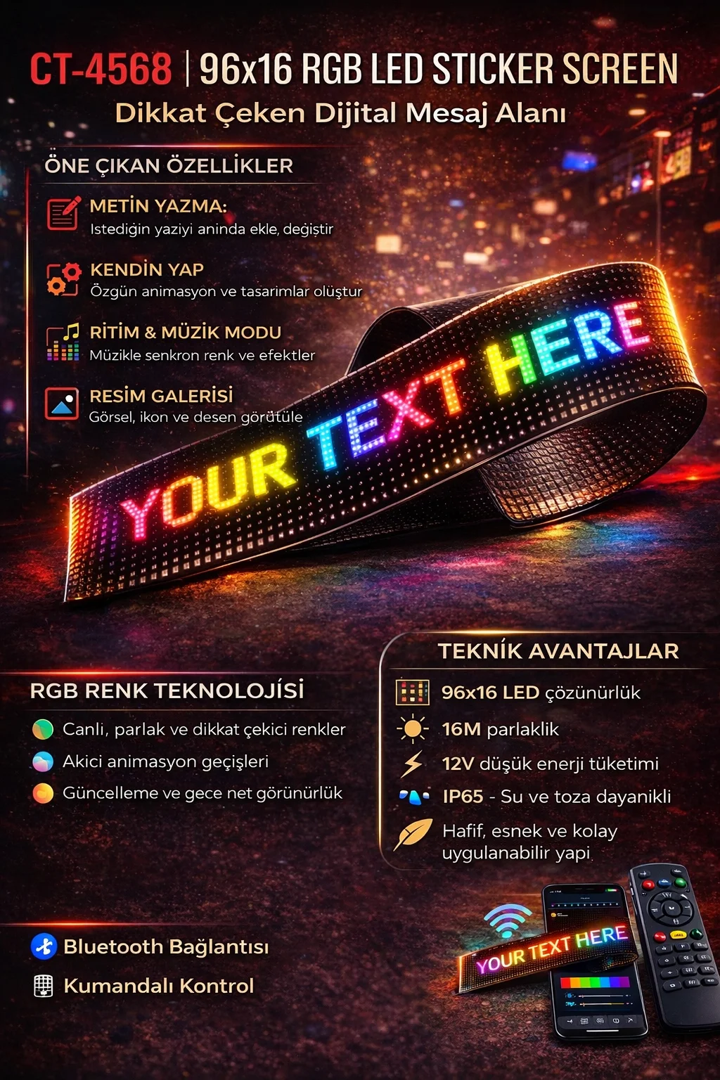 1 Adet CATA CT 4568 Esnek Yapışkanl Matrix Led Panel 60X12 RGB 1 Adet CATA CT 4568 Esnek Yapışkanl Matrix Led Panel 60X12 RGB