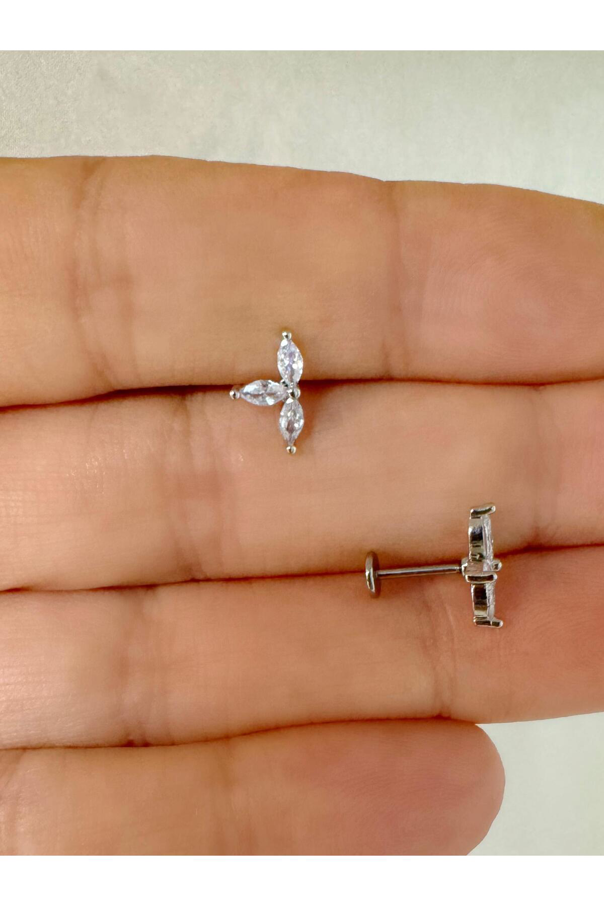 1 adet çelik zirkon taşlı arkası düz önden takmalı tragus helix k