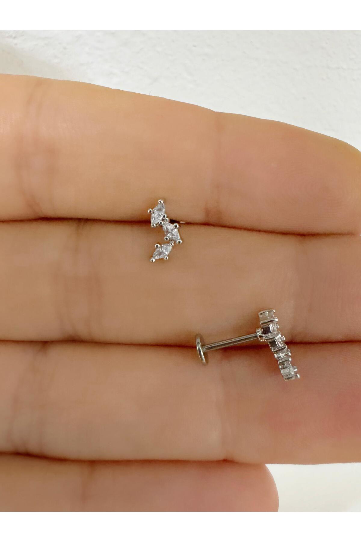 1 adet çelik zirkon taşlı arkası düz önden takmalı tragus helix kıkırdak conch lobe uyumlu piercing