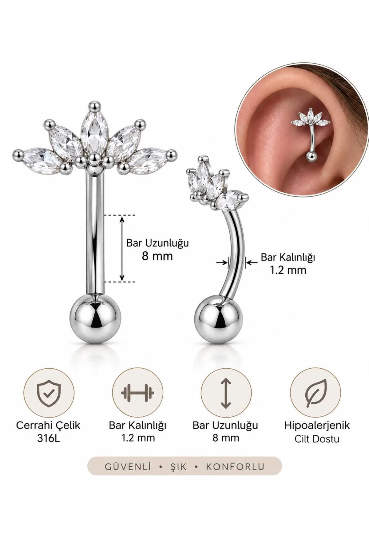 1 ADET CERRAHİ ÇELİK ZİRKON TAŞLI ROOK PİERCİNG