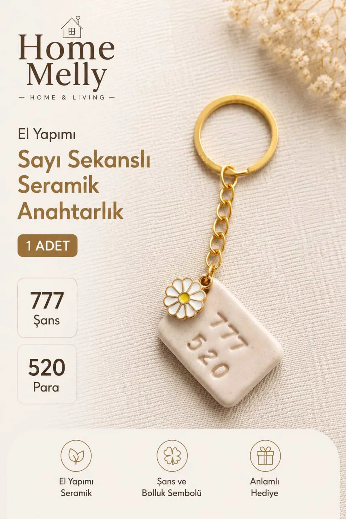 1 Adet El Yapımı Seramik Sayı Sekanslı Anahtarlık, 777 - 520 şans ve para anahtarlığı
