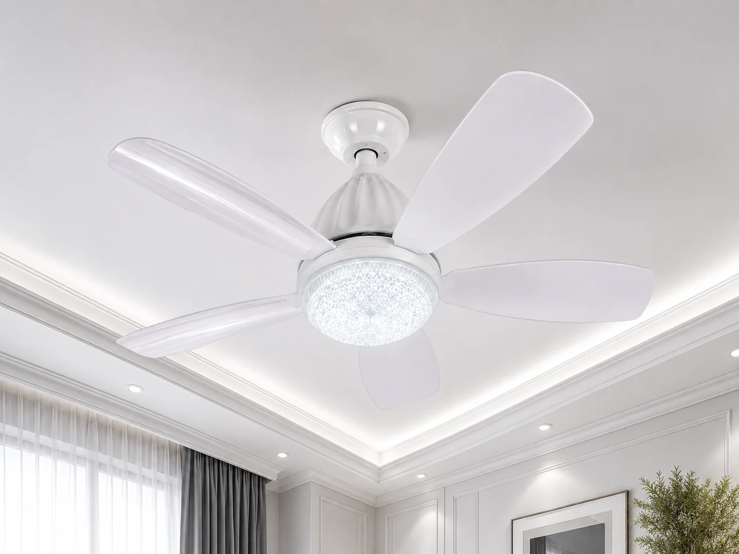 1 Adet FİM Kristal 30W Ledli 5 Kanat Tavan Vantilatörü 1154 Kumandalı 3 Renk E27 Duy