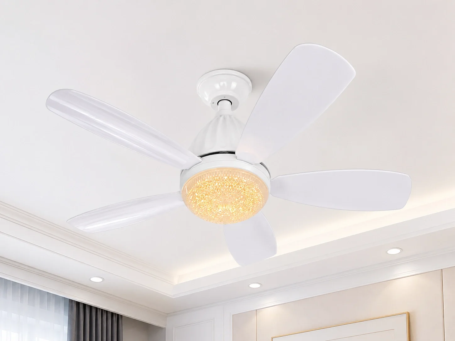 1 Adet FİM Kristal 30W Ledli 5 Kanat Tavan Vantilatörü 1154 Kumandalı 3 Renk E27 Duy