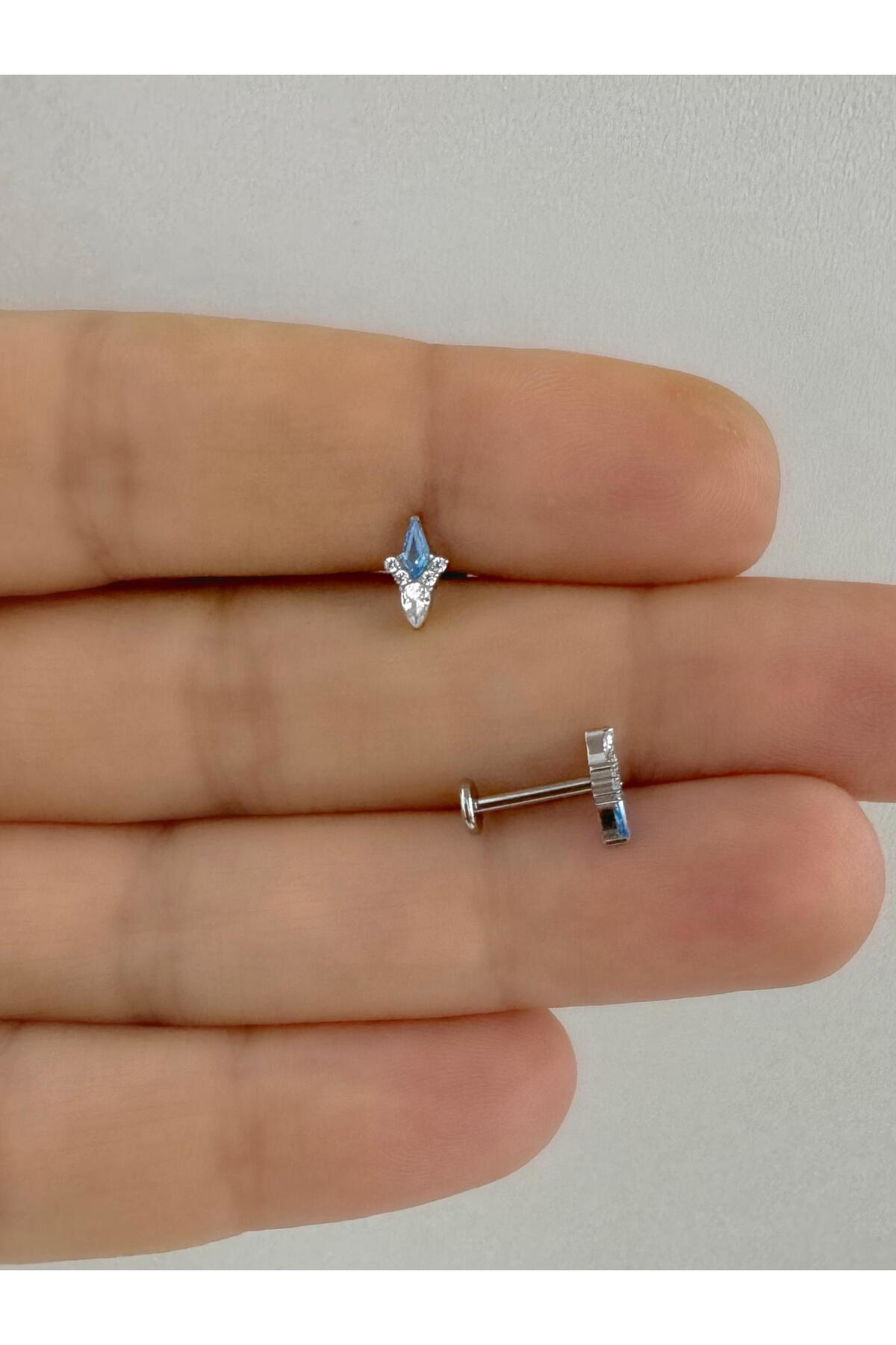 1 ADET G23 TİTANİUM ( TİTANYUM )MAVİ ZİRKON TAŞLI TRAGUS HELİX CO