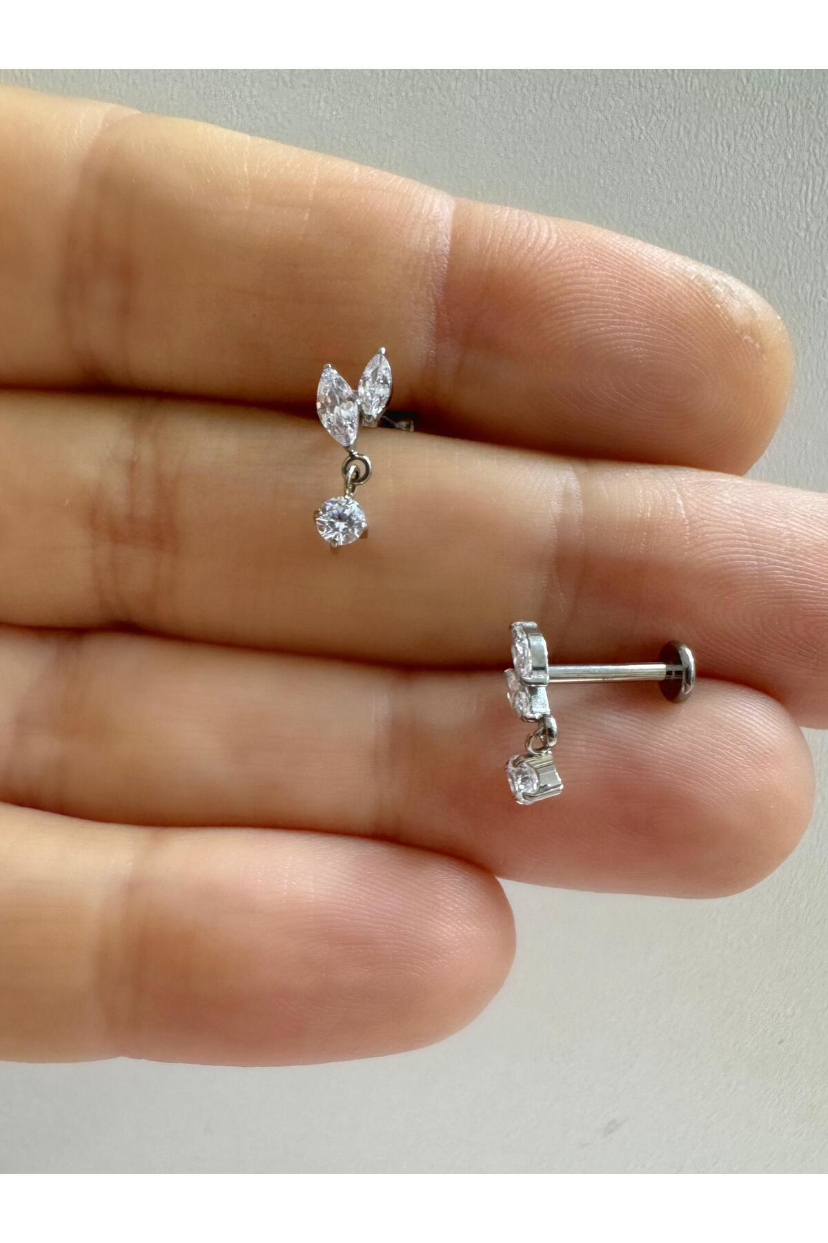 1 ADET G23 TİTANİUM ( TİTANYUM) ZİRKON TAŞLI TRAGUS HELİX LOBE KI