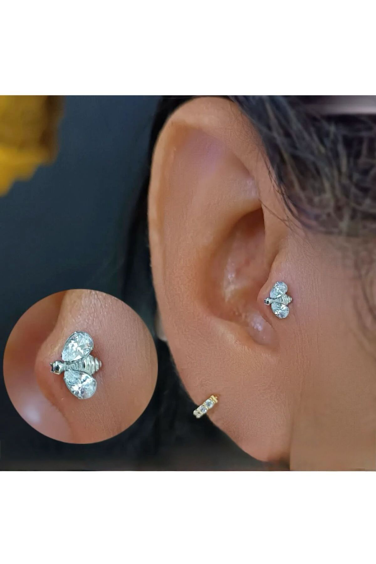 1 adet G23 TİTANİUM ( titanyum) zirkon taşlı tragus kıkırdak  conch flat  helix lobe uyumlu piercing