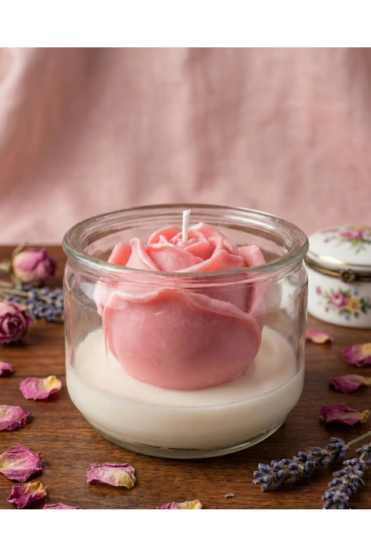 1 Adet Gül Şekilli Kavanoz Soya Mum