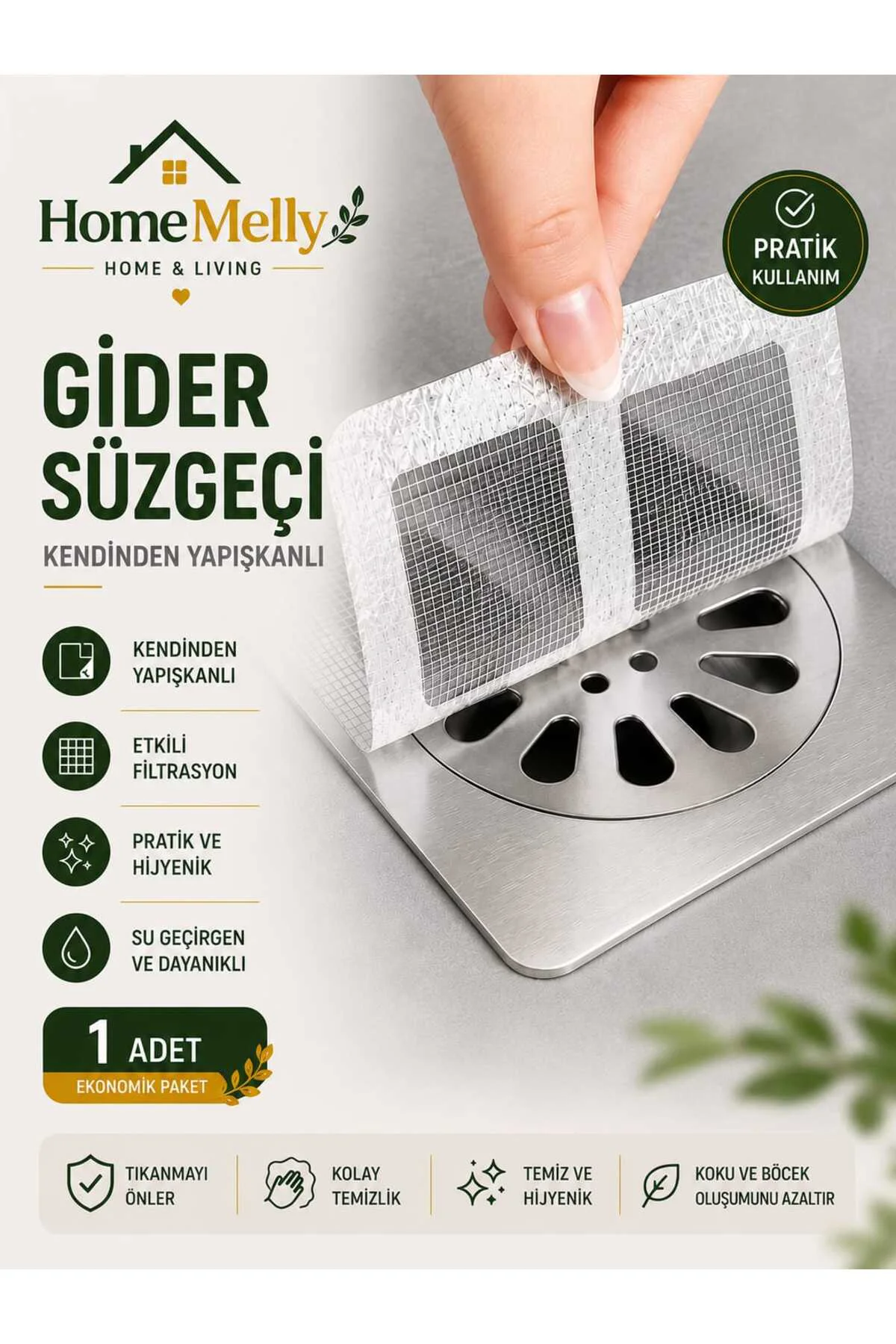 1 Adet Kendinden Yapışkanlı Gider Kapağı – Tıkanma Önleyici & Pislik Tutucu